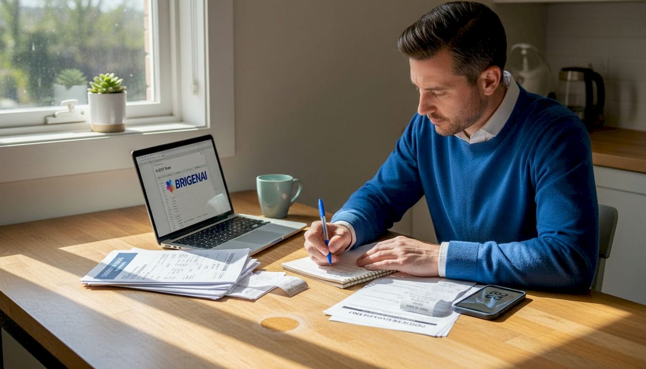 Man calculating expatriate move budget at kitchen table