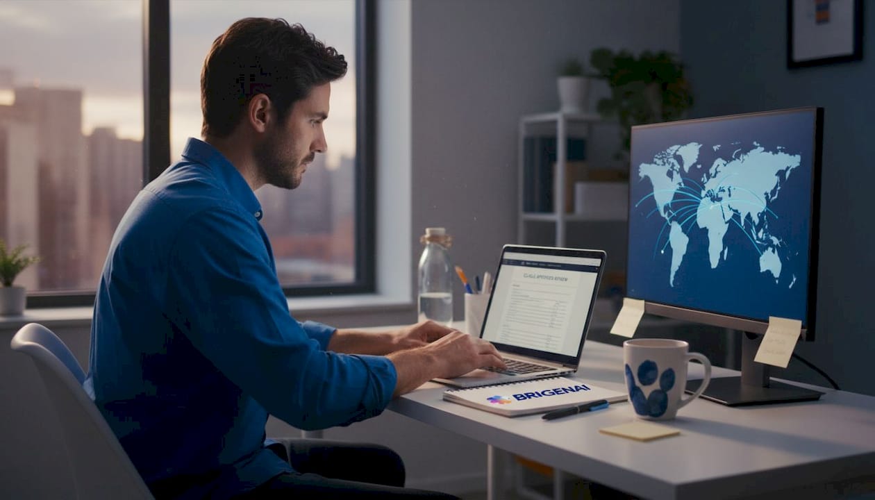 Man typing skills report at urban desk
