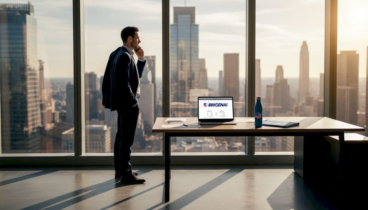 Expatriate professional on phone in high-rise office