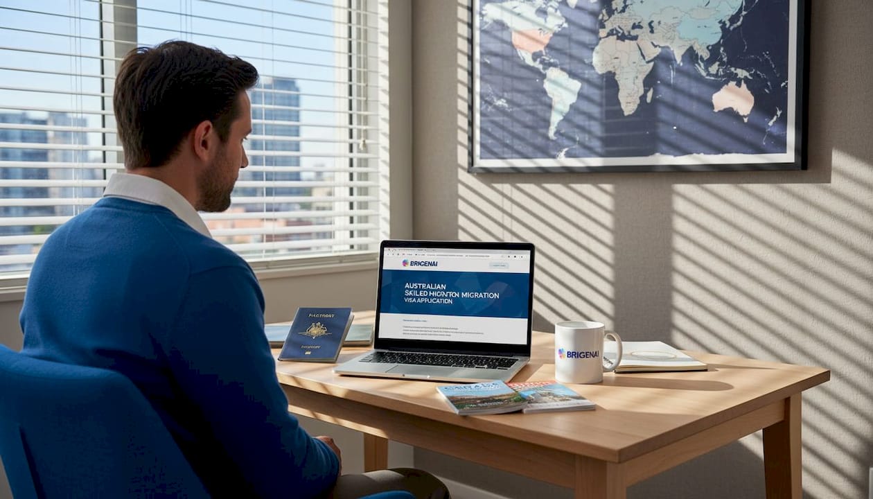 Person researching overseas jobs at city apartment desk