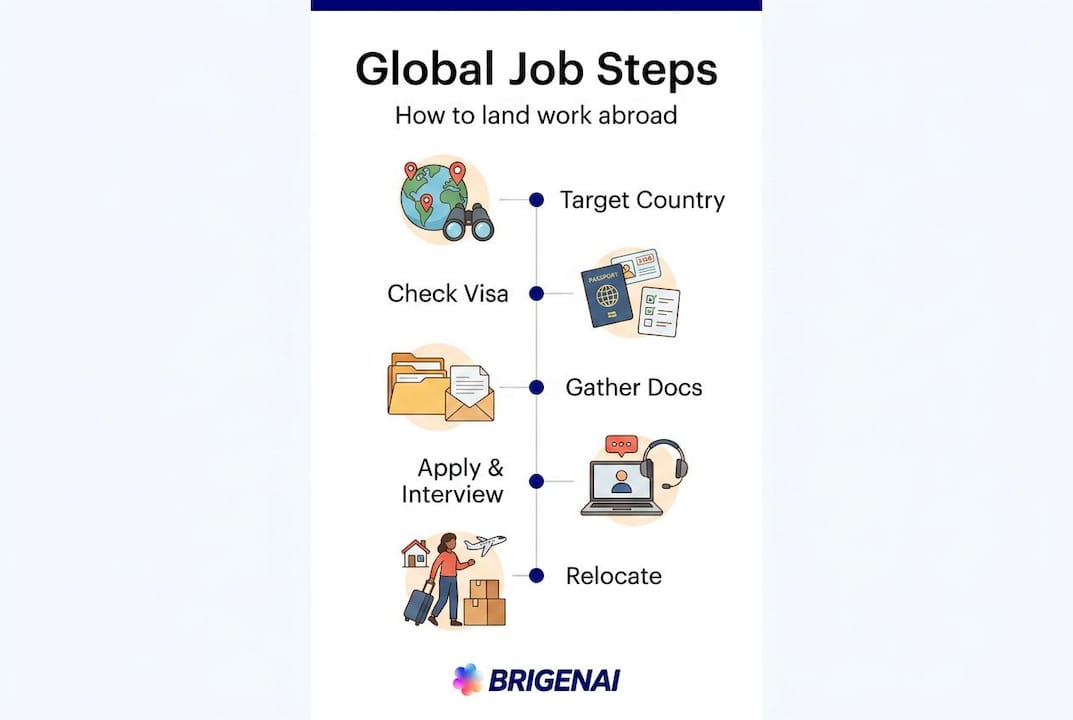 Infographic showing steps for landing overseas jobs