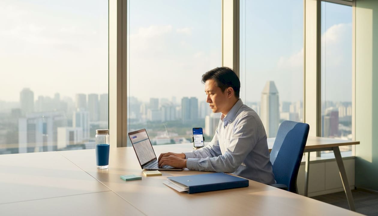 Professional at desk using workplace technology
