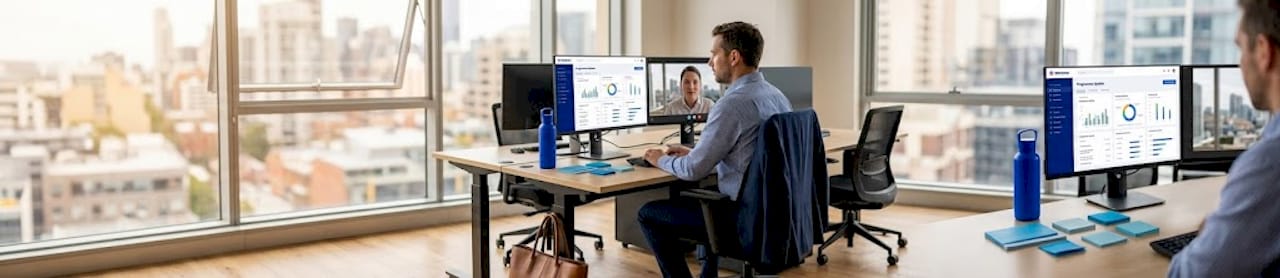 International AI professional working at dual monitors