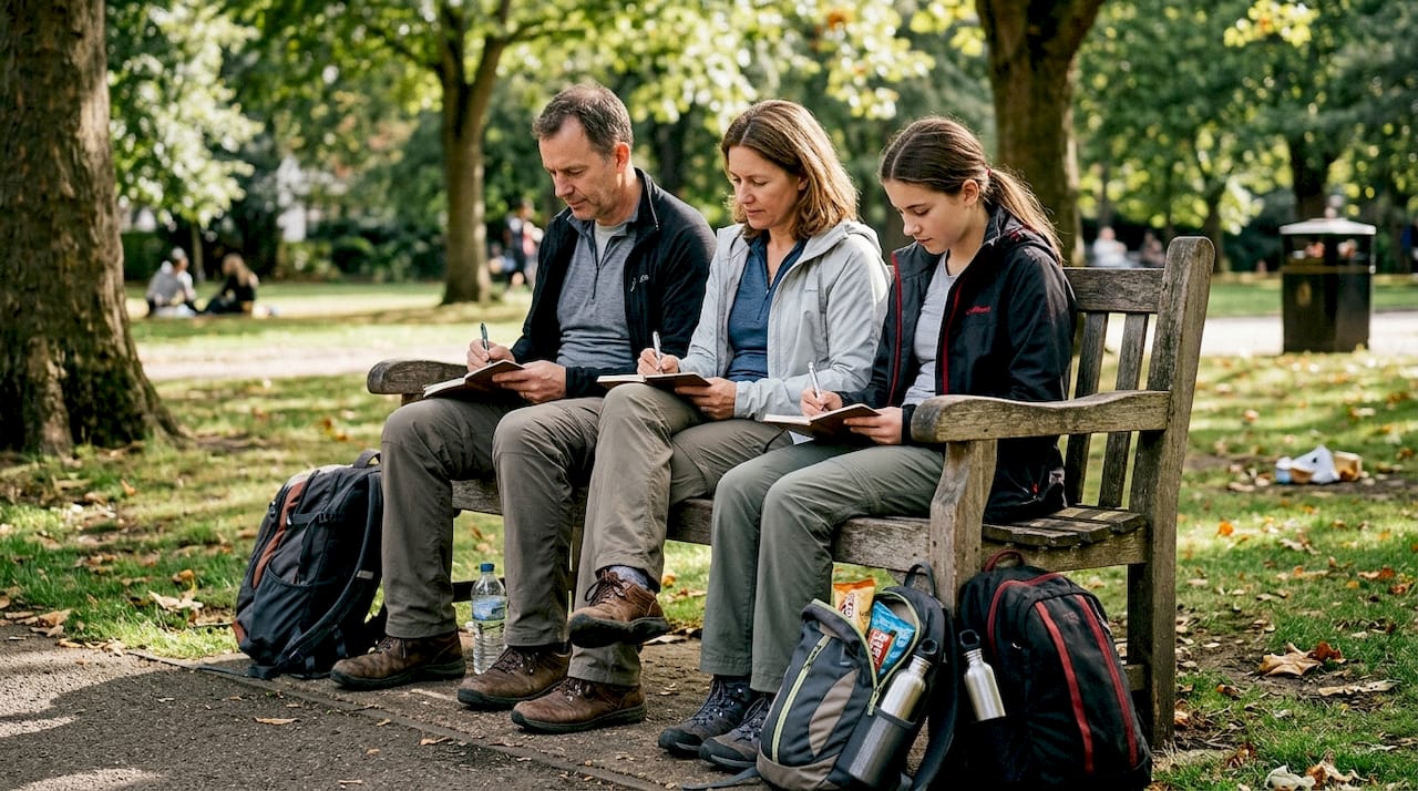 Traveling family journaling in a sunny city park