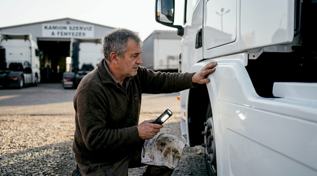Egy férfi szemügyre veszi a kamion frissen festett karosszériáját.