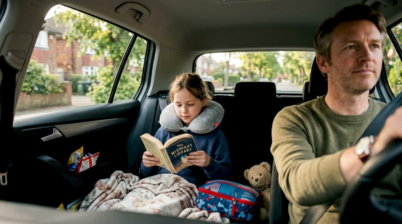 Family using comfort travel accessories in car