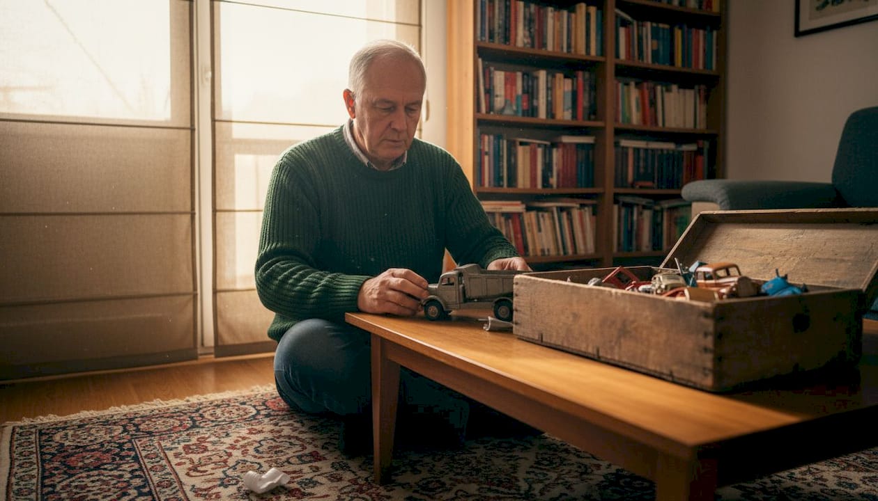 Egy férfi otthon alaposan szemügyre vesz egy régi teherautó makettet.