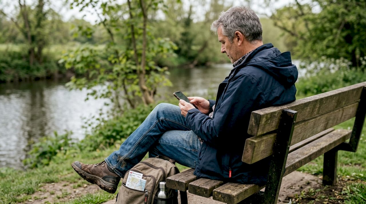 Man reflects on travel notes in park