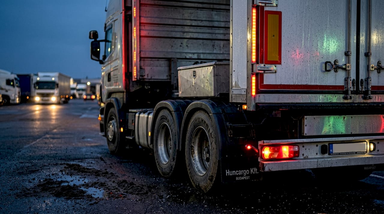 Éjszaka világító LED-es figyelmeztető lámpák egy kamionon
