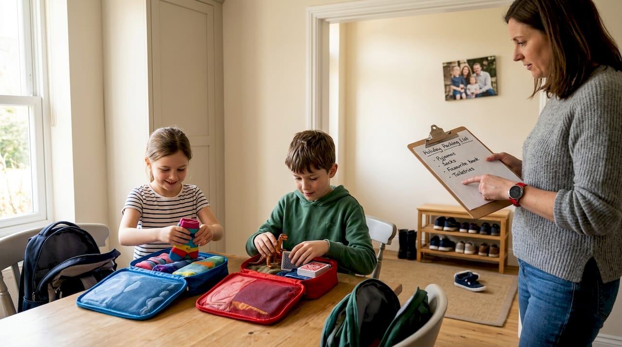 Children using color coded packing cubes hallway