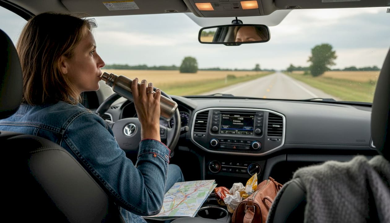 Driver drinks water during road journey