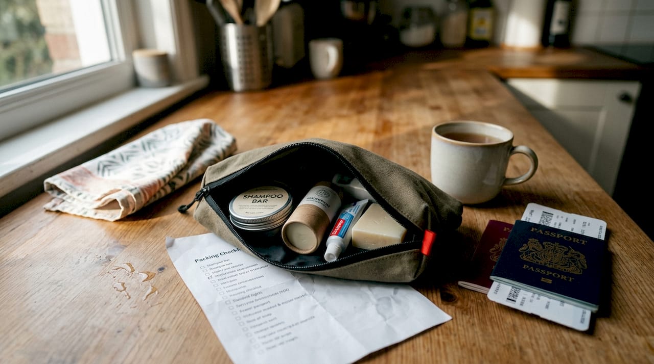 Travel-size toiletries arranged in open pouch