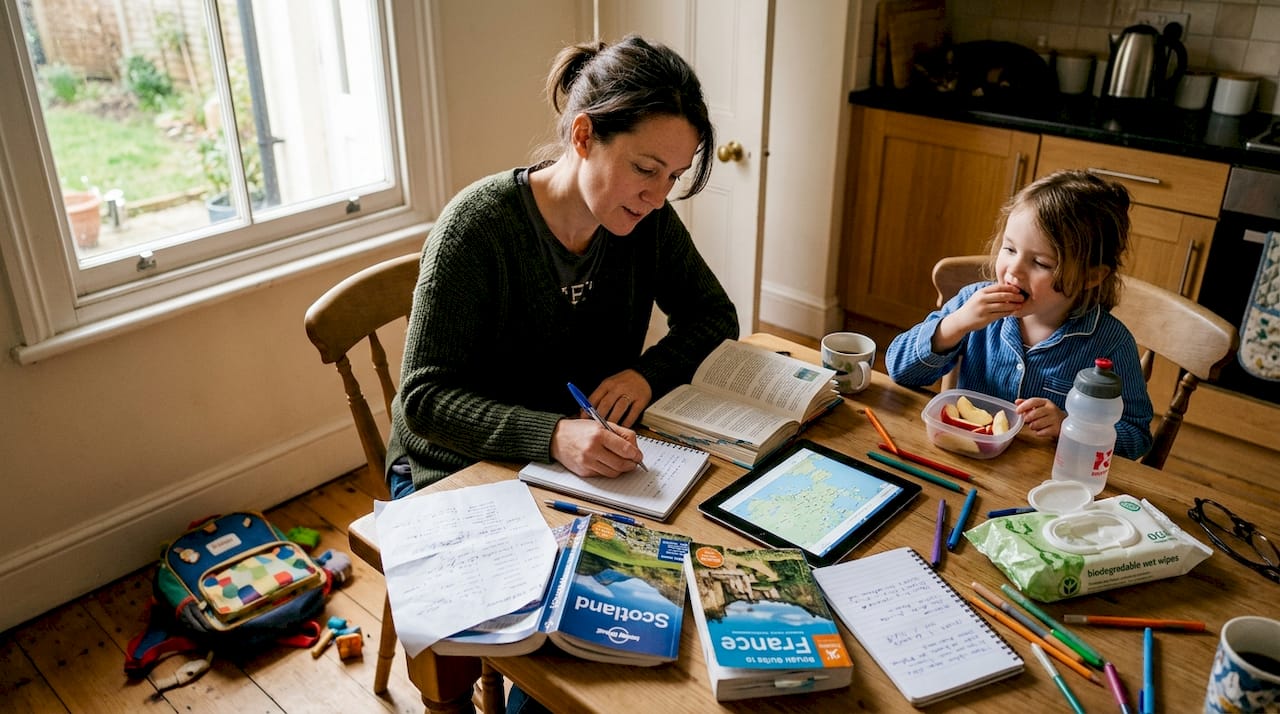 Parent planning comfortable family trip at kitchen table