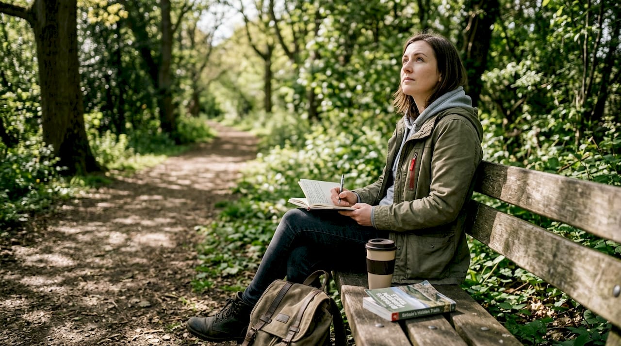 Traveler journaling on park bench outdoors
