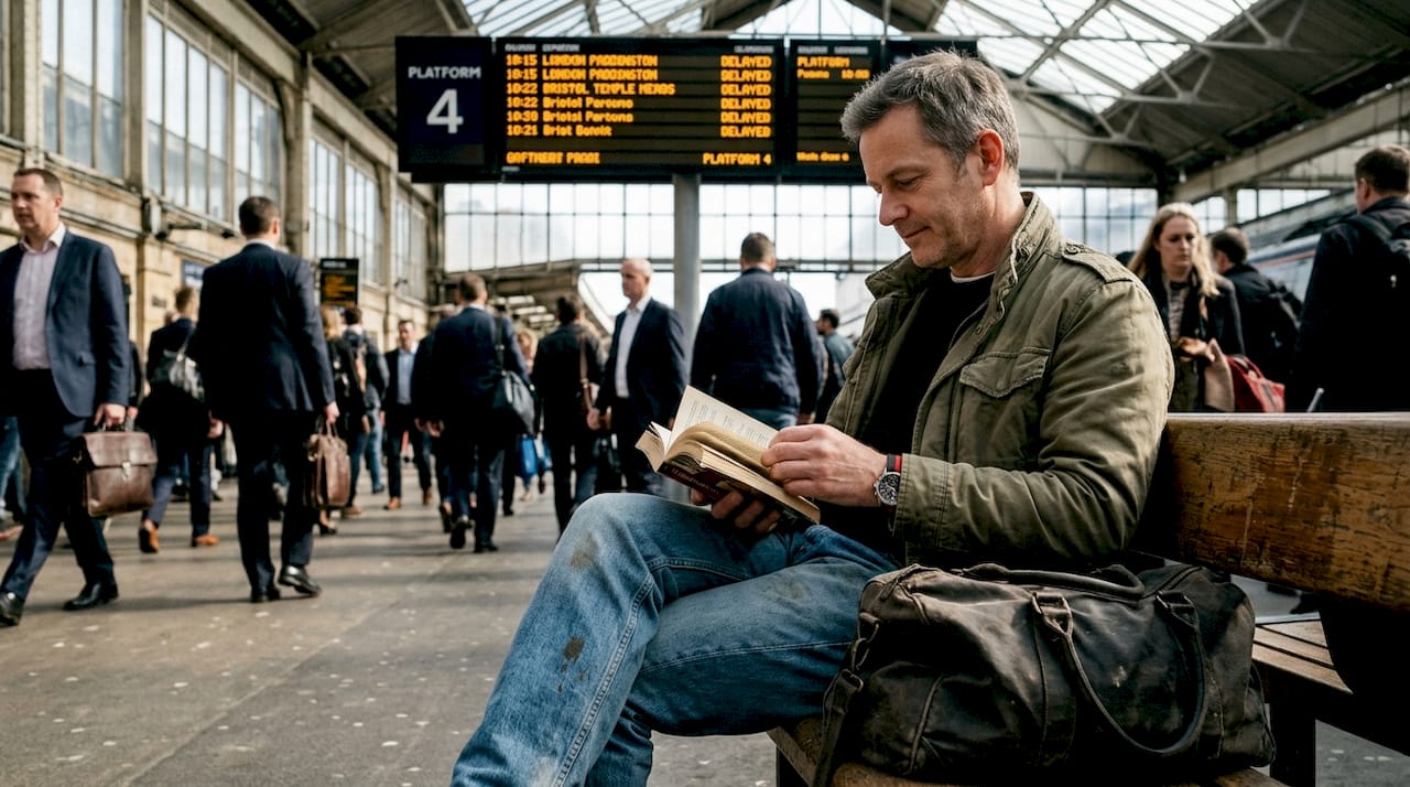 Traveler reading calmly during train delay