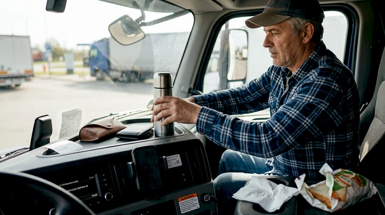 Egy kamionsofőr rendszerezi a mindennapi vezetéshez használt praktikus kiegészítőit.