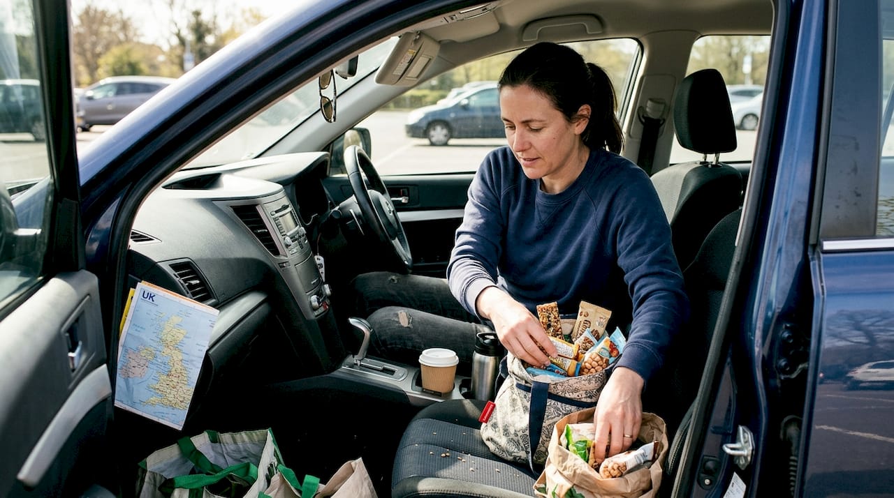 Woman organizing snacks in car seat bag