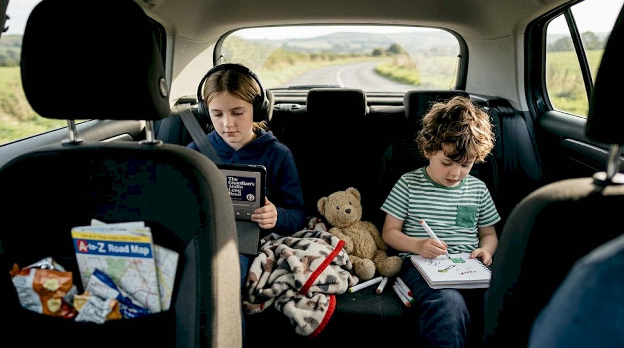 Children entertained in car back seat