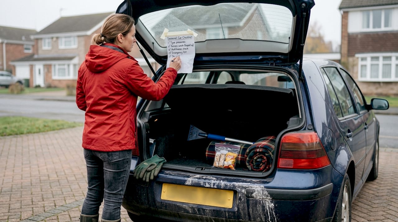 Woman reviewing seasonal travel checklist at car trunk