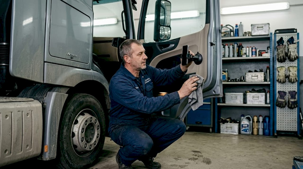 Egy szerelő éppen tapadókorongos tartozékot szerel fel egy kamion vezetőfülkéjében.
