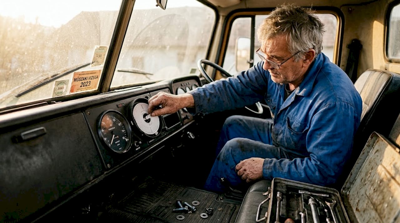 A mechanic is replacing the paper disc of an analogue tachograph.