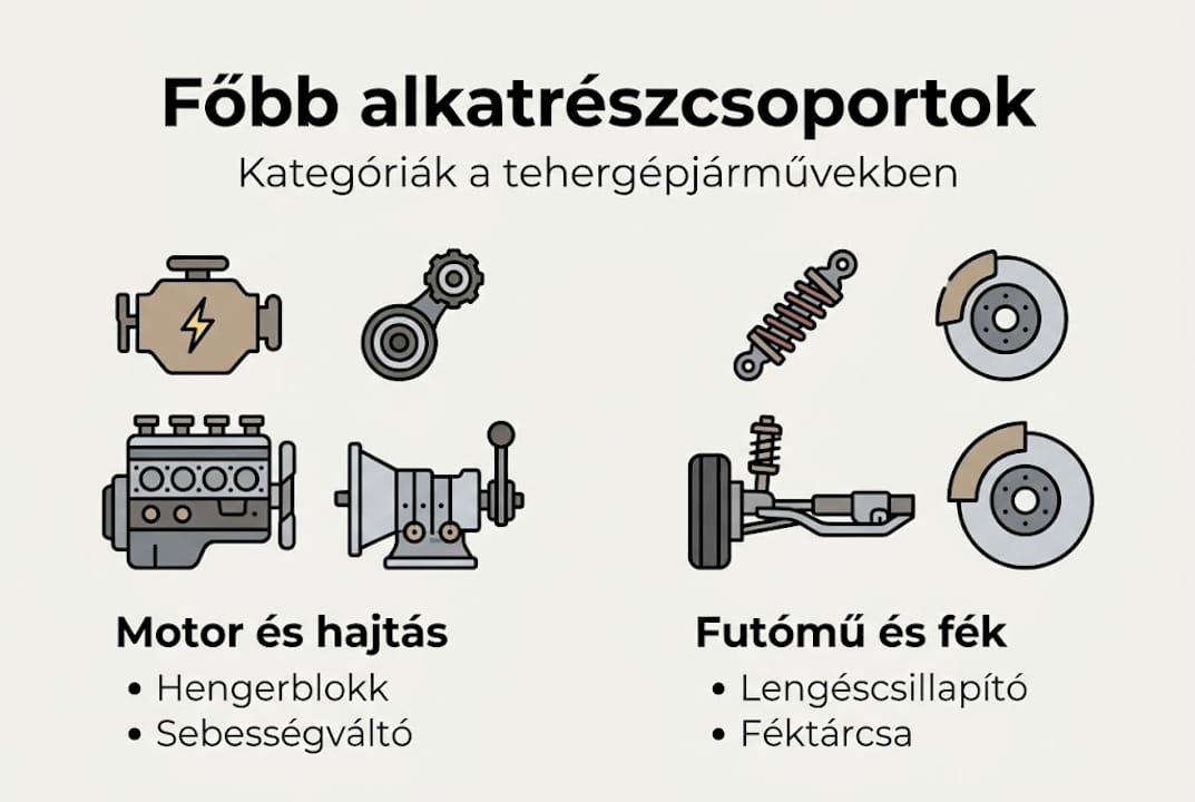Letisztult infografika a jármű legfontosabb alkatrészcsoportjairól