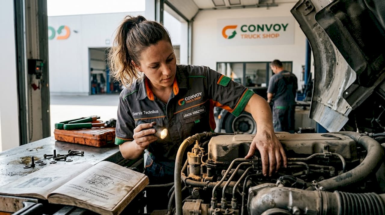 Egy szerelő éppen átvizsgálja a dízelmotort a műhelyben.