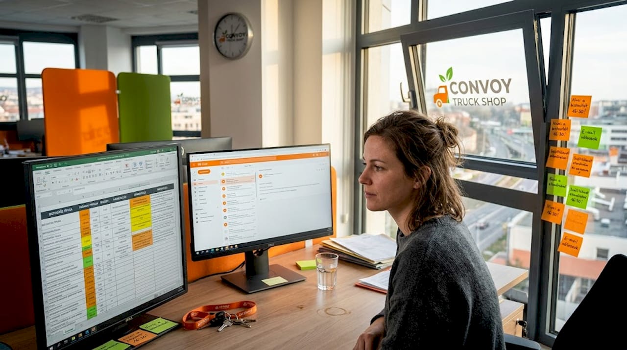 A flottakezelő a munkahelyén, az irodai asztalánál végzi a napi teendőit.