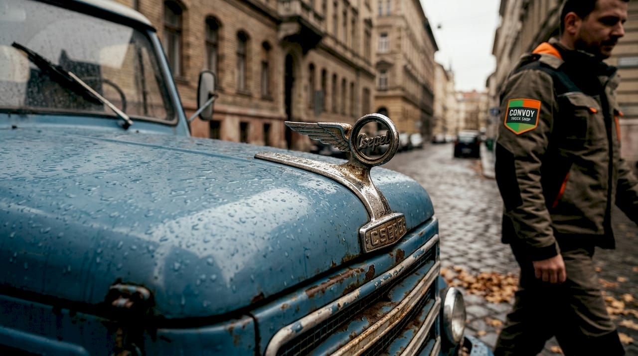 Close-up of classic truck hood ornament