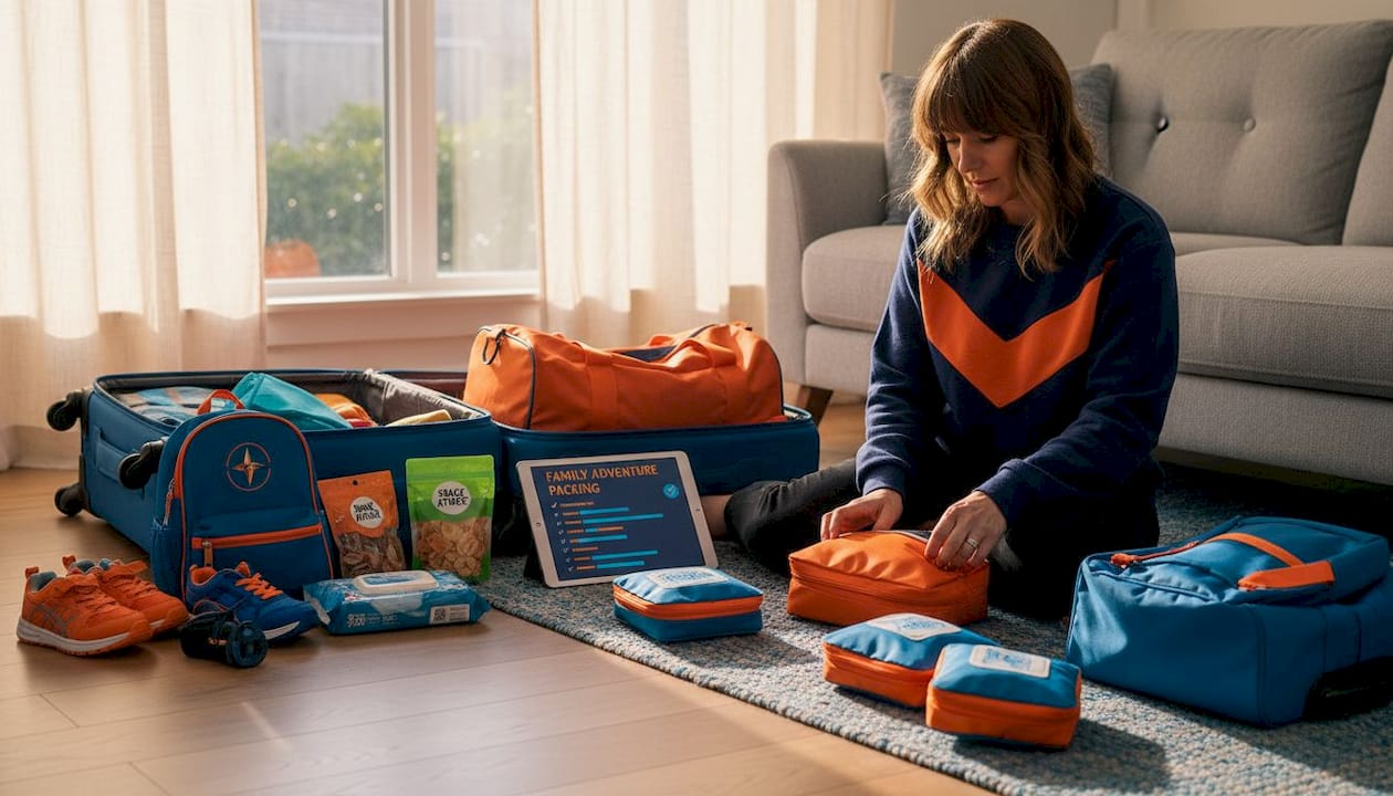 Parent sorting travel essentials on floor