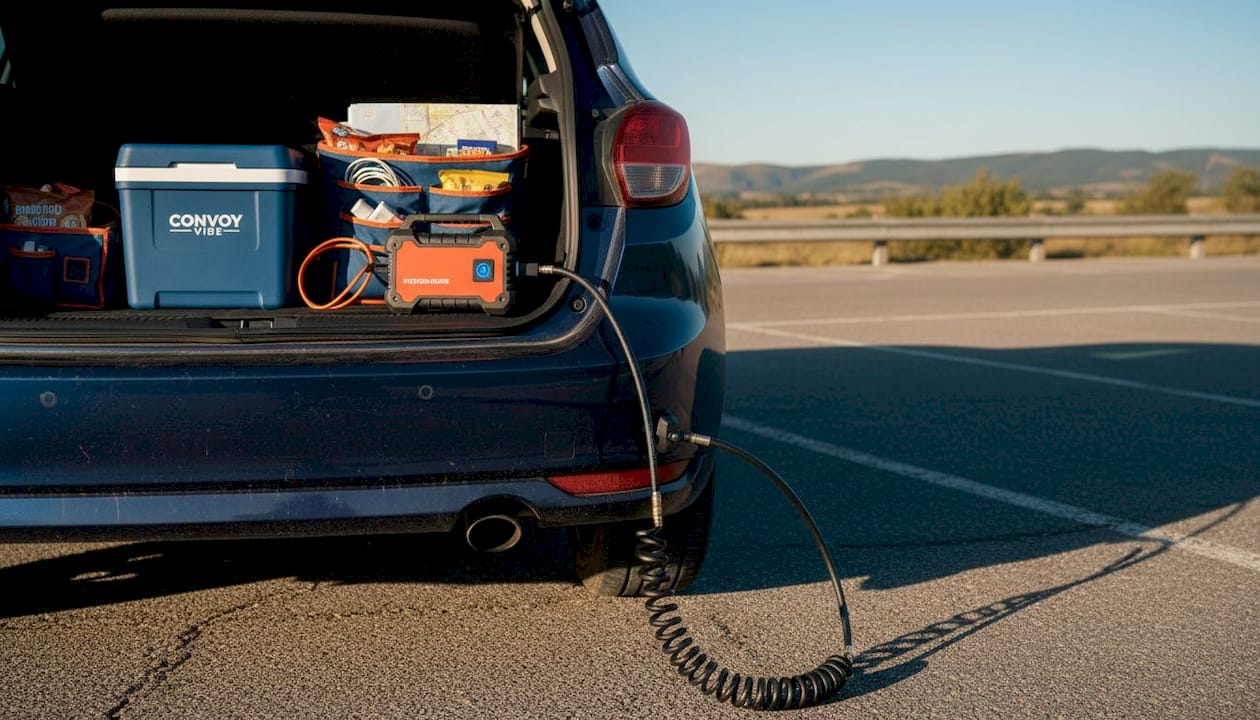 Jump starter and compressor in hatchback trunk