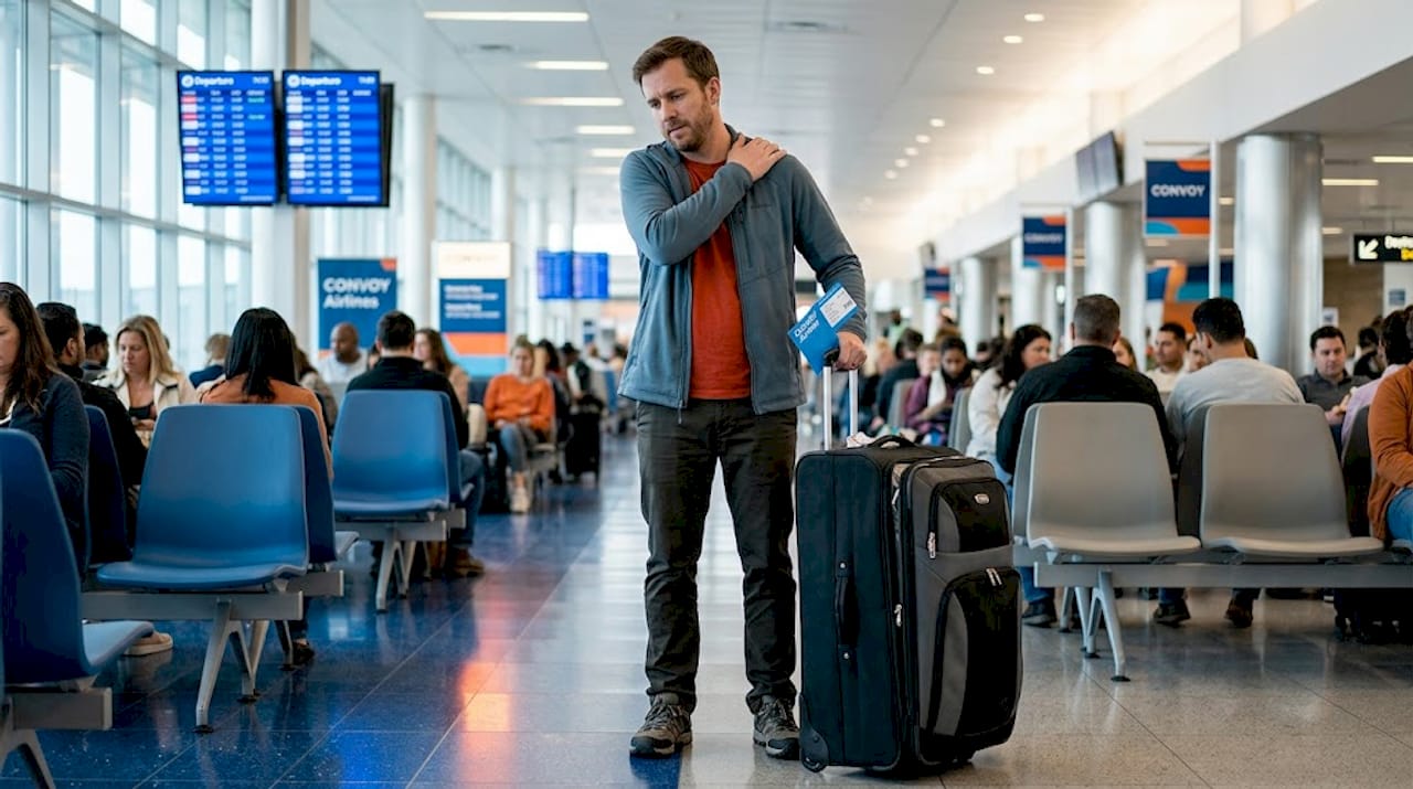 Traveler with heavy bag shows visible fatigue
