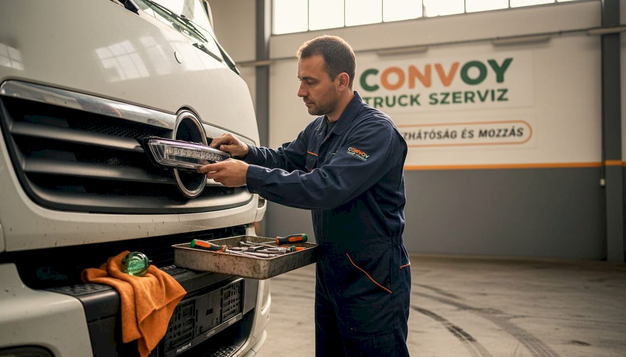 A mechanic installing LED headlights on a truck in a workshop.