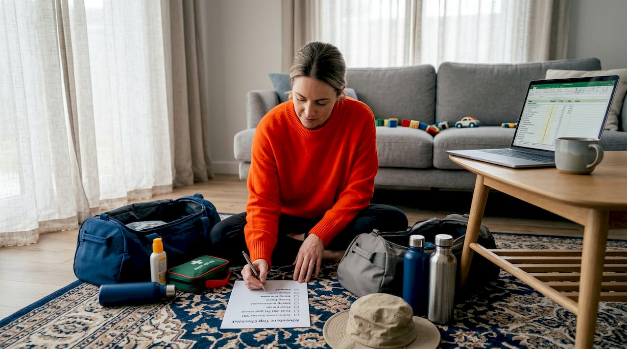 Mujer organizando equipamiento de viaje sobre una alfombra