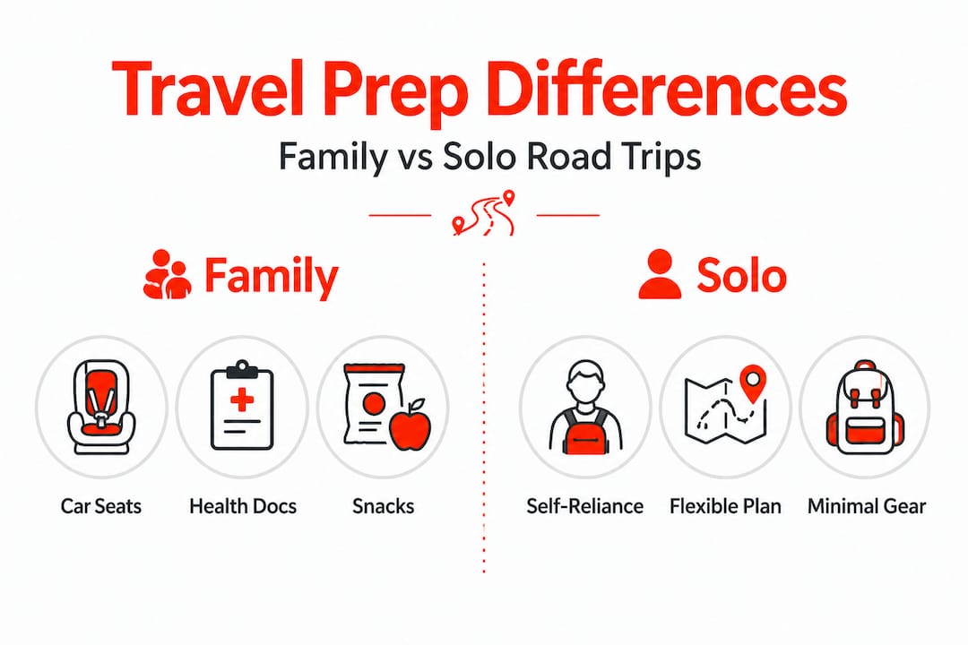 Infografía comparando preparación de viaje en familia y en solitario