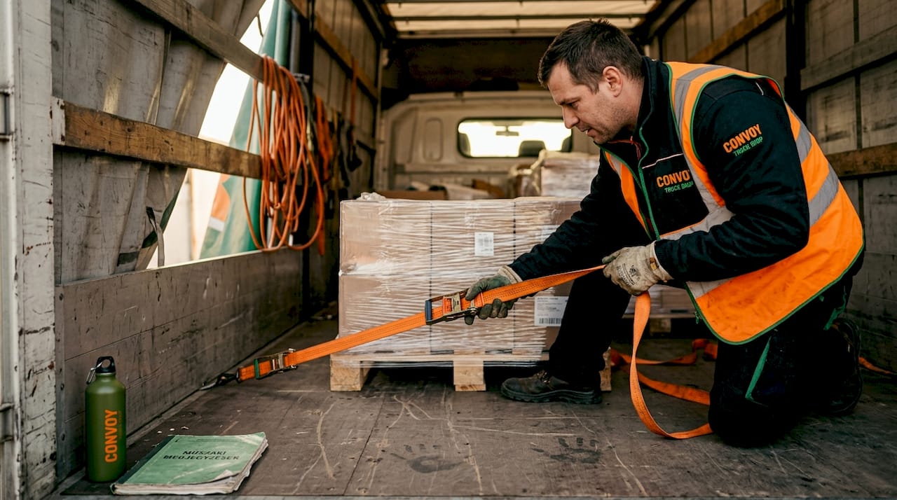 A warehouse worker securing cargo with straps for safe transport.