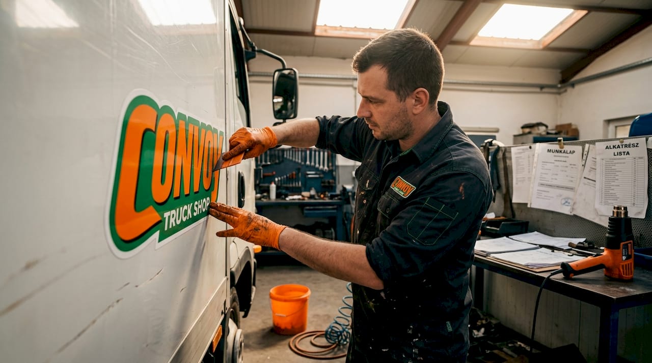 A mechanic carefully applies the company logo to the truck.