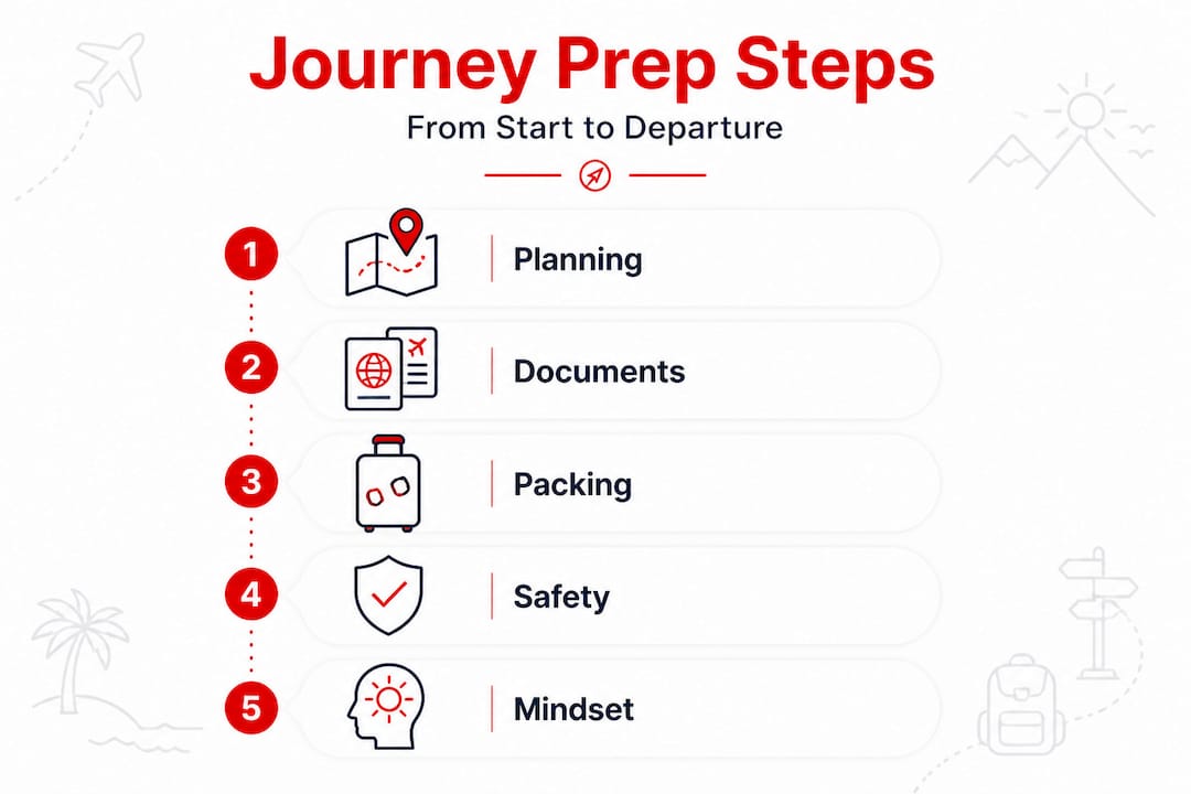Infografía que muestra cinco pasos de la preparación de un viaje