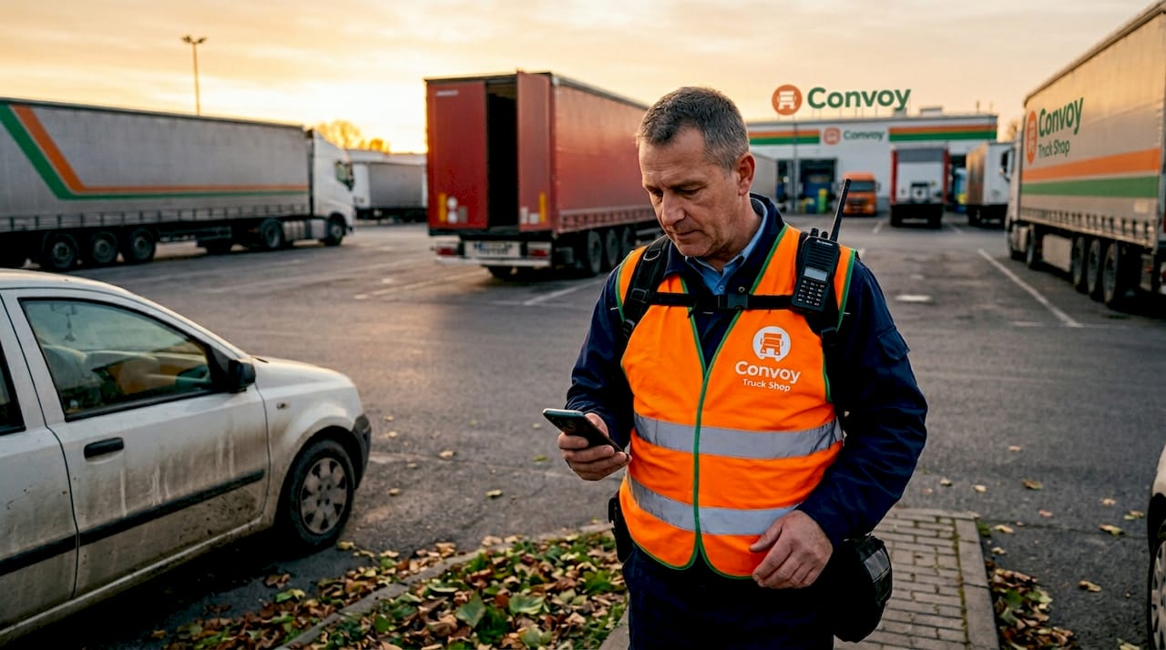 A teherautó parkoló biztonságát GPS-alapú riasztórendszerrel ellátott őrök felügyelik.