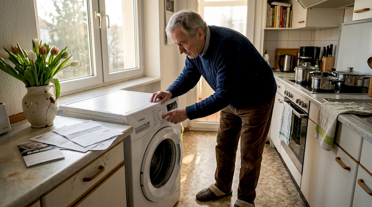 Ein Mann achtet darauf, wann und wie er in der Küche Strom verbraucht, um Energie effizienter zu nutzen.
