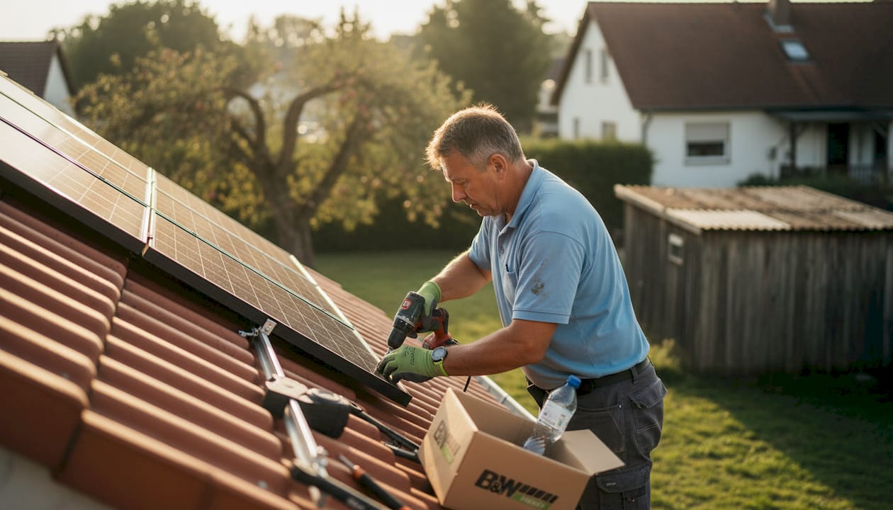 Ein Fachmann installiert eine Photovoltaikanlage auf einem Ziegeldach.