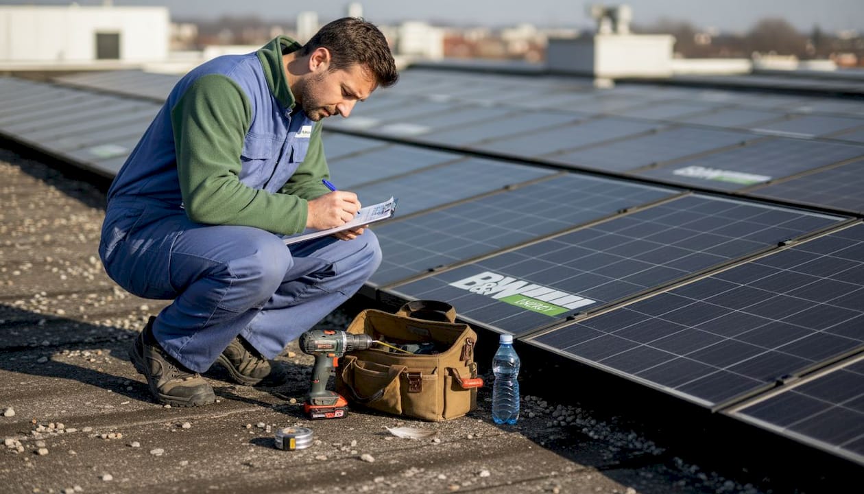 Ein Solartechniker macht sich Notizen direkt neben den installierten Solarmodulen auf dem Hausdach.
