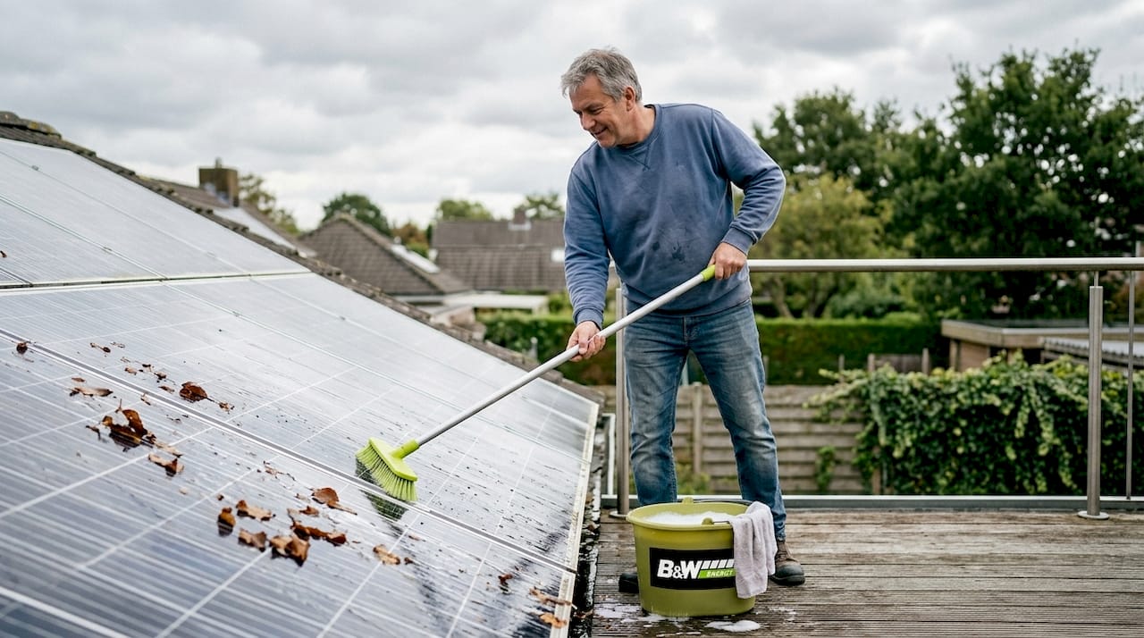 Ein Hausbesitzer reinigt seine Solaranlage bequem vom Balkon aus.
