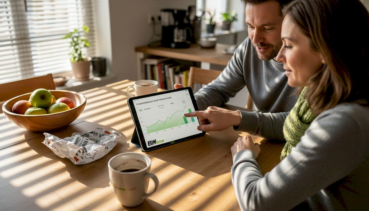 Ein Paar sitzt am Küchentisch und schaut sich gemeinsam die aktuellen Batteriedaten an.