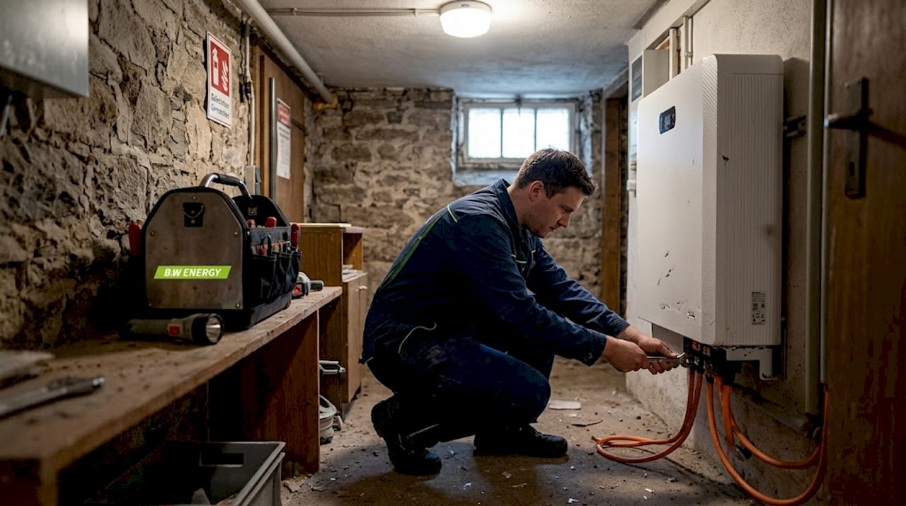 Ein Fachmann installiert einen Batteriespeicher für das Eigenheim.