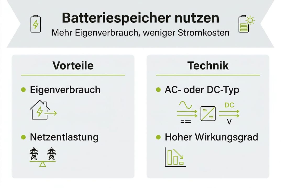 Übersichtsgrafik: Vorteile und Funktionsweise von Batteriespeichern auf einen Blick