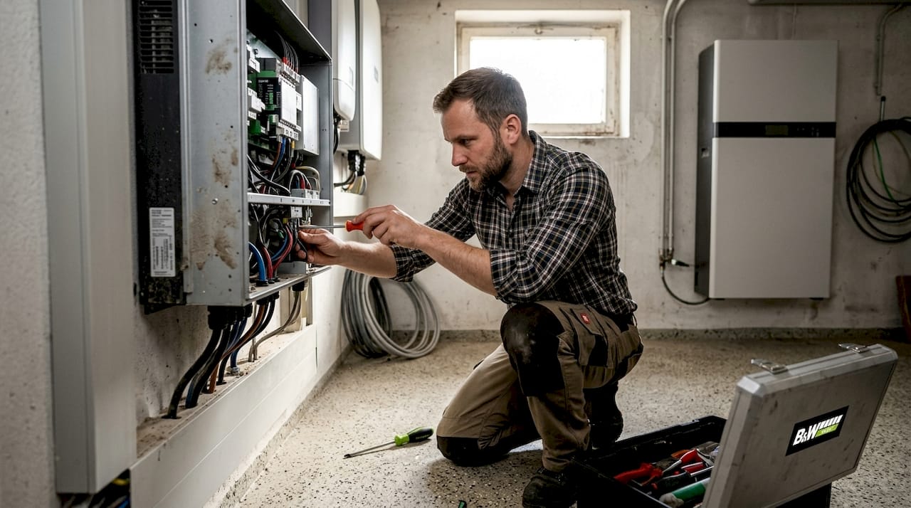 Ein Elektriker übernimmt die fachgerechte Installation der Komponenten für das PV-Notstromsystem.