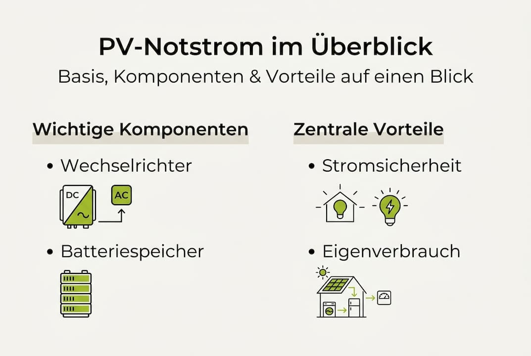 Infografik: Die wichtigsten Komponenten und Vorteile einer PV-Notstromversorgung auf einen Blick