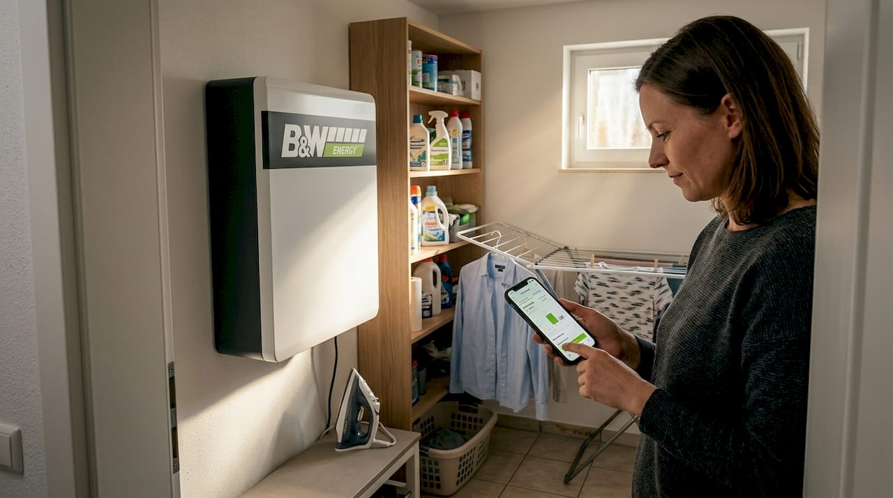 Eine Frau überprüft das Batteriespeichersystem in ihrem Zuhause.