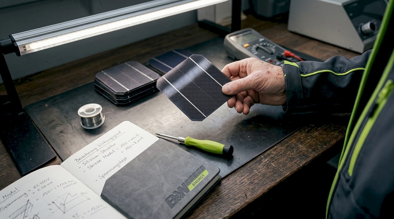Eine Hand hält eine einzelne Solarzelle aus Silizium.
